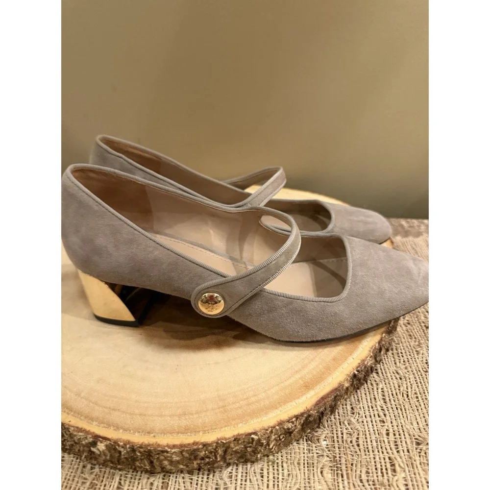 Tory Burch Marisa 40mm Mary‎ Jane Pump in Grey Suede Strap Gold Accent Sz-7 298$
